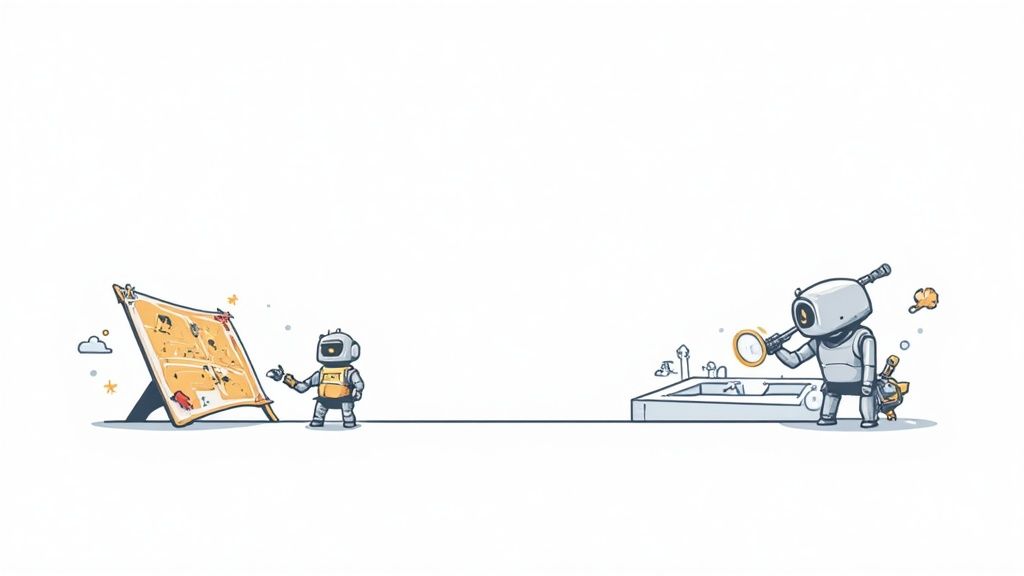 Two robots working on automation tasks with magnifying glass examining test cases and planning board