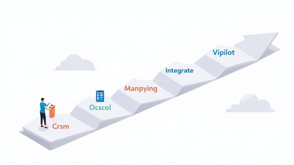 An illustration of an upward staircase with steps labeled Crsm, Ocscol, Manpying, Integrate, and Vipilot, depicting a progression.