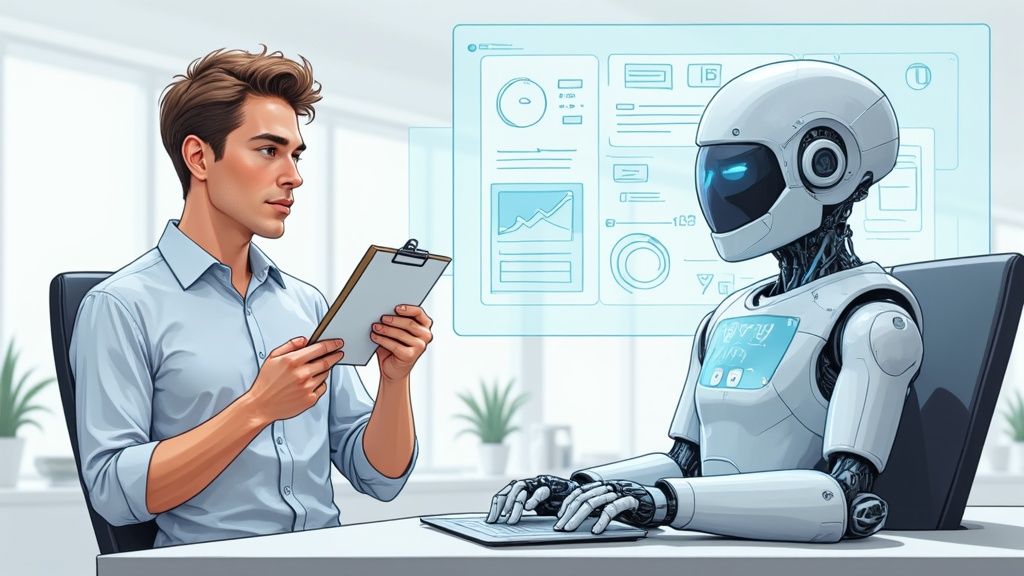 A man with a clipboard consults a futuristic robot with data displays in an office setting.