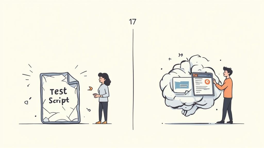 A broken 'Test Script' contrasts with a man interacting with automation tools inside a brain.