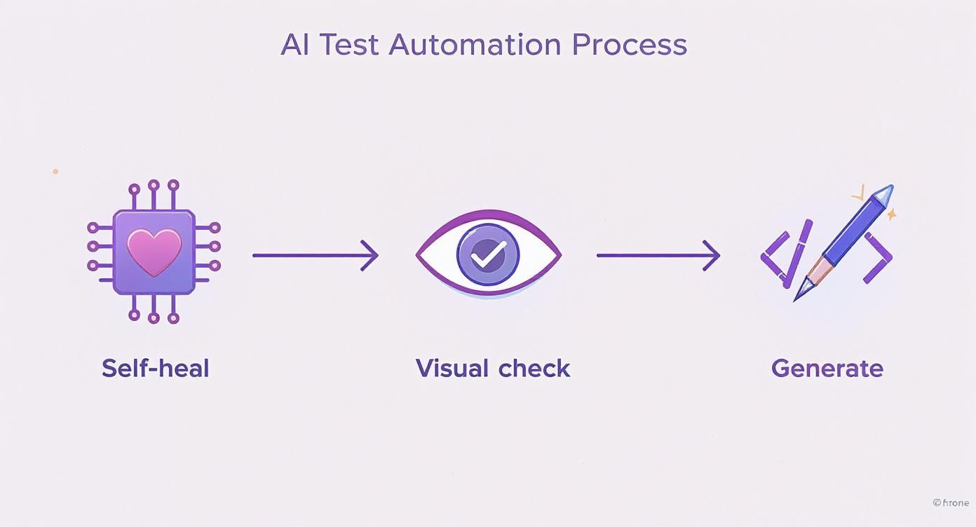 A flowchart illustrating the AI Test Automation Process: Self-heal, Visual check, and Generate code steps.