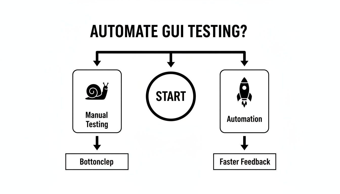 Flowchart comparing manual GUI testing (snail icon) leading to bottlenecks with automation (rocket icon) leading to faster feedback.