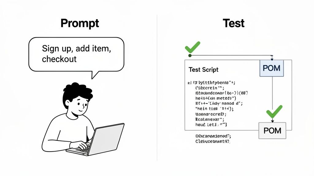 A diagram illustrates a user prompt for UI actions transforming into an automated test script using POM.