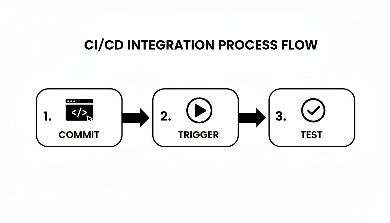 CI/CD integration process flow diagram showing steps for commit, trigger, and test with icons.