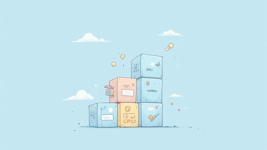 Playful illustration of six stylized cartoon boxes stacked against a light blue sky with clouds.