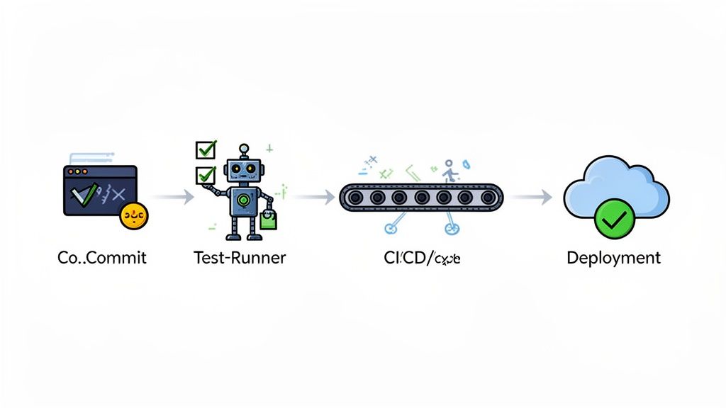 Visual diagram of an automated software development pipeline with code commit, test runner, CI/CD, and cloud deployment.