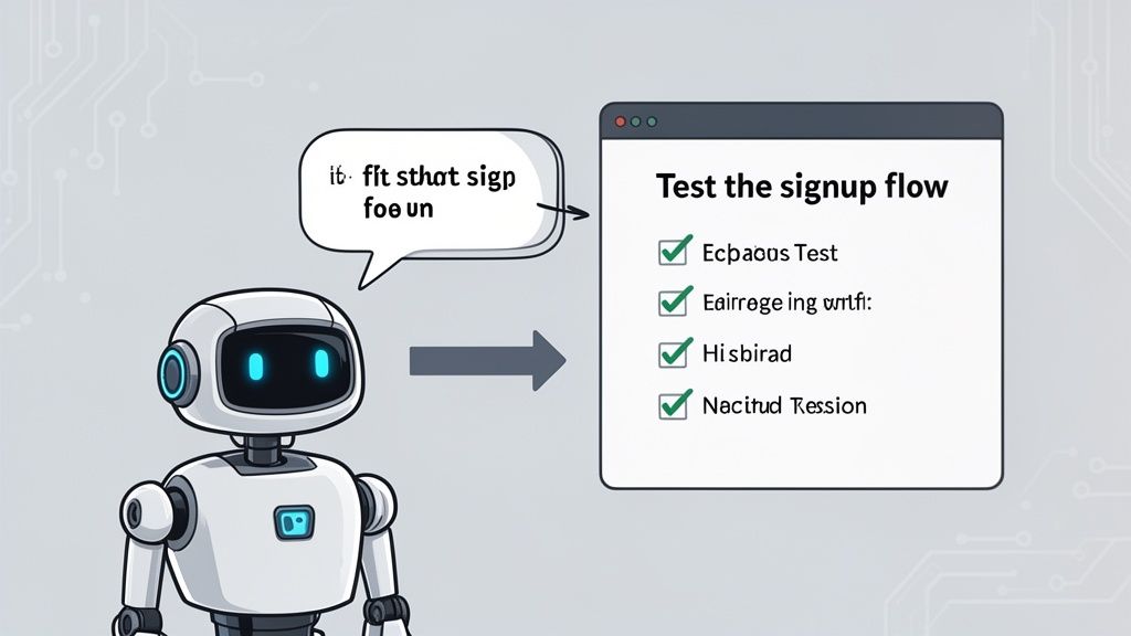 A robot points to a checklist titled 'Test the signup flow', indicating automated testing tasks.