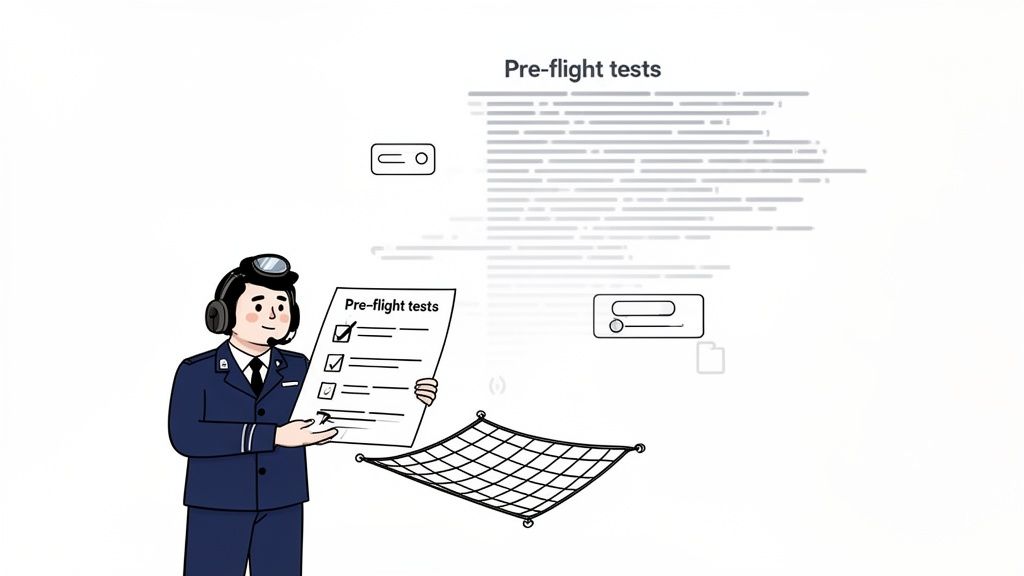 An illustration of a pilot holding a 'Pre-flight tests' checklist, symbolizing thorough software regression testing.