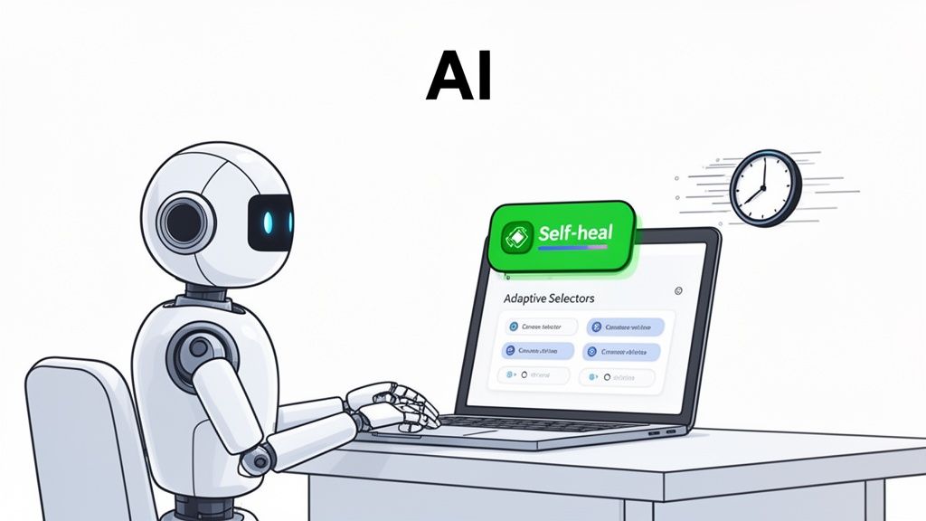 An AI robot uses a laptop with 'Self-heal' feature, demonstrating fast, adaptive automation.