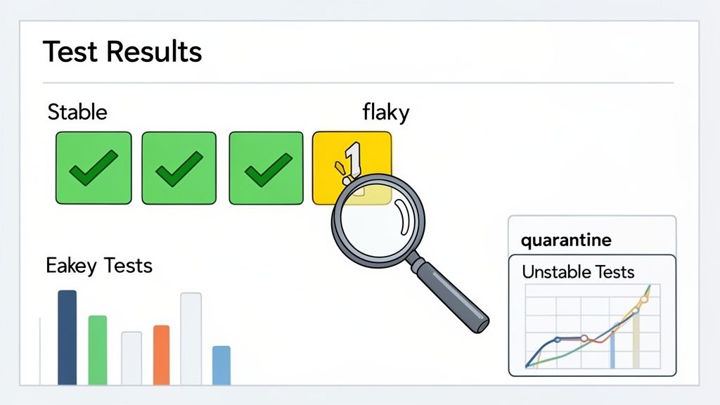 A test results dashboard showing stable and flaky tests, with charts and a quarantine section for unstable tests.