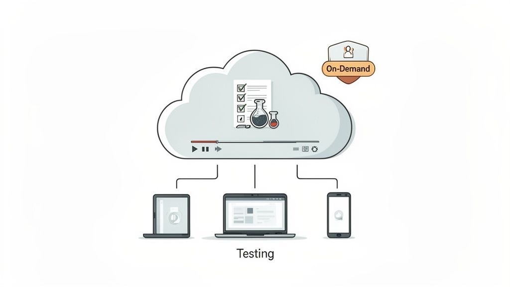 On-demand cloud testing solution delivered across multiple devices including a tablet, laptop, and smartphone.