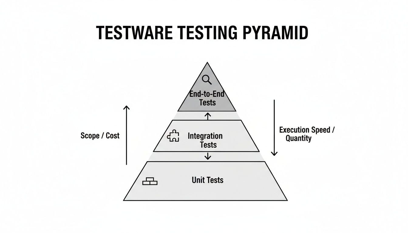 A testware testing pyramid illustrating Unit, Integration, and End-to-End tests layers.