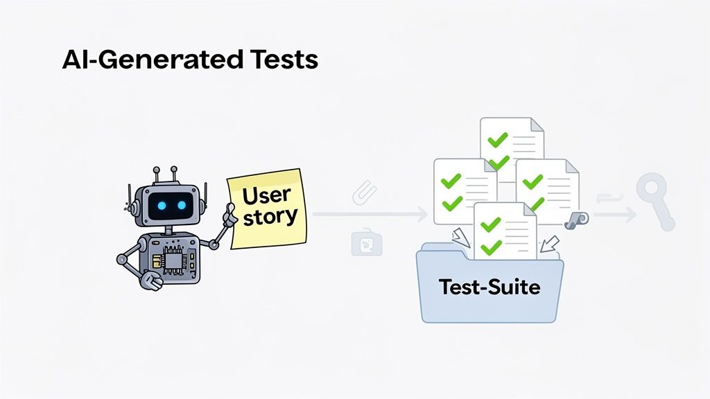 An AI robot generates test cases from a user story, populating a comprehensive test suite.