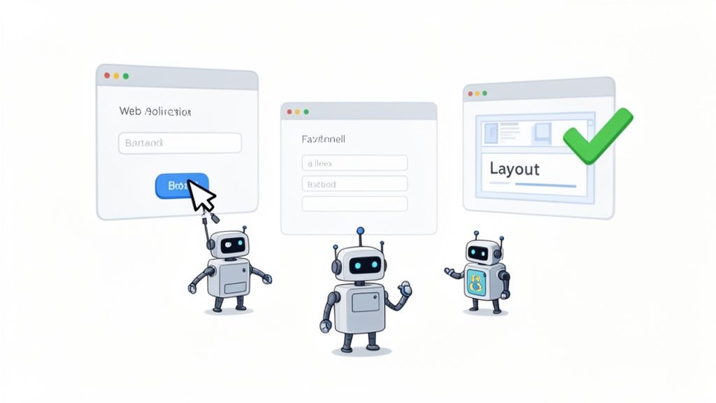 Robots performing automated UI testing across web application windows, demonstrating success.