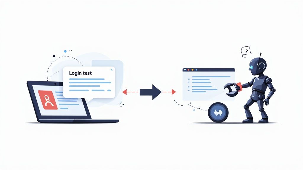 A robot tester automates a login test on a web application, depicting automated testing.