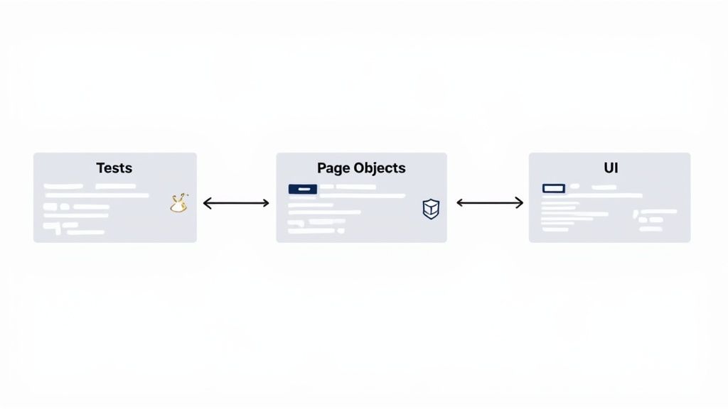 A detailed architectural diagram showing how the Page Object Model separates test logic from UI elements.
