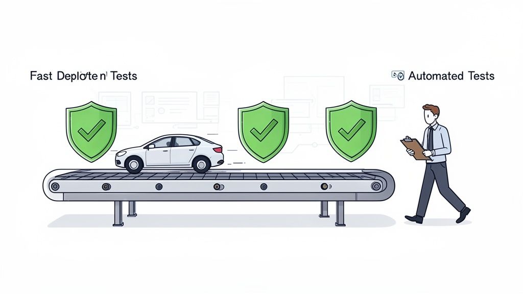 An illustration of a car on a conveyor belt passing automated tests with checkmark shields, observed by a man.