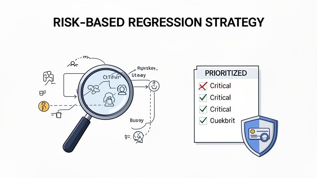 Diagram showing a risk-based regression strategy with prioritized tasks and a security shield.
