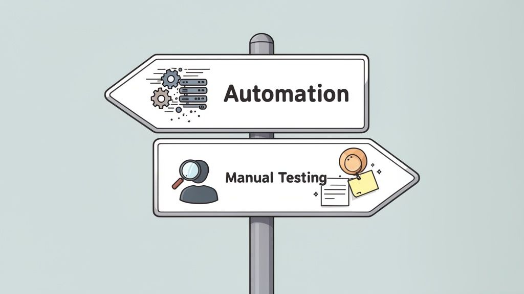 A signpost showing two directions: Automation (left, with gears and servers) and Manual Testing (right, with a person and document).