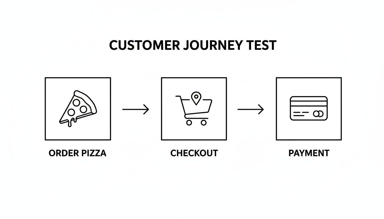Customer journey test flowchart depicting ordering pizza, checkout, and payment steps.