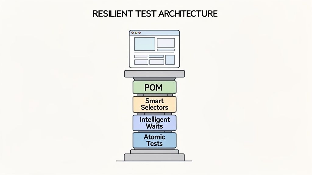 Diagram of resilient test architecture pillar showing POM, Smart Selectors, Intelligent Waits, and Atomic Tests.