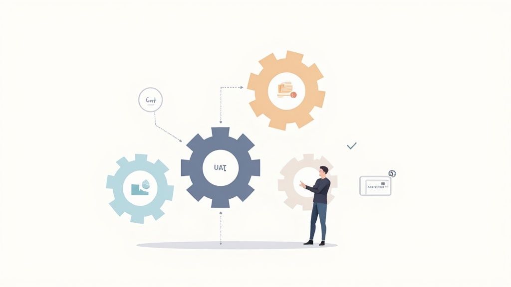 A diagram illustrating a testing workflow with interconnected gears labeled UAT and a man interacting with the system.