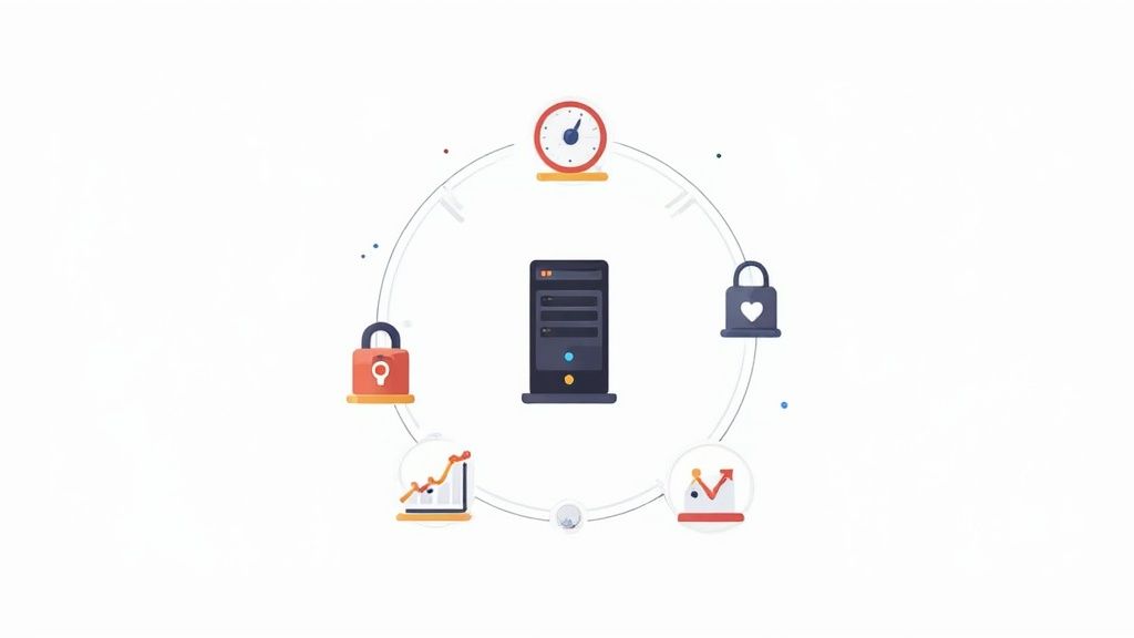 Illustration of a central server with icons for security, time, and data analytics in a circular layout.