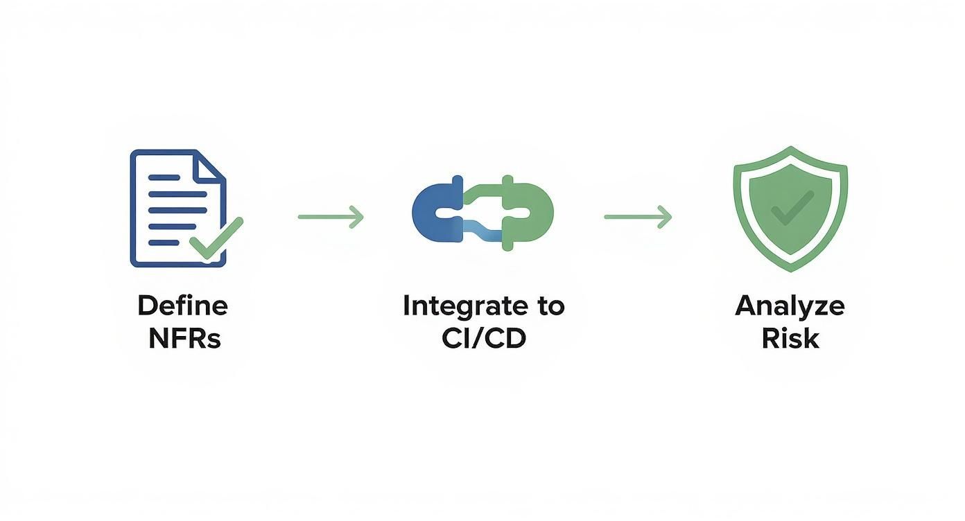 A three-step process diagram illustrating Define NFRs, Integrate to CI/CD, and Analyze Risk.