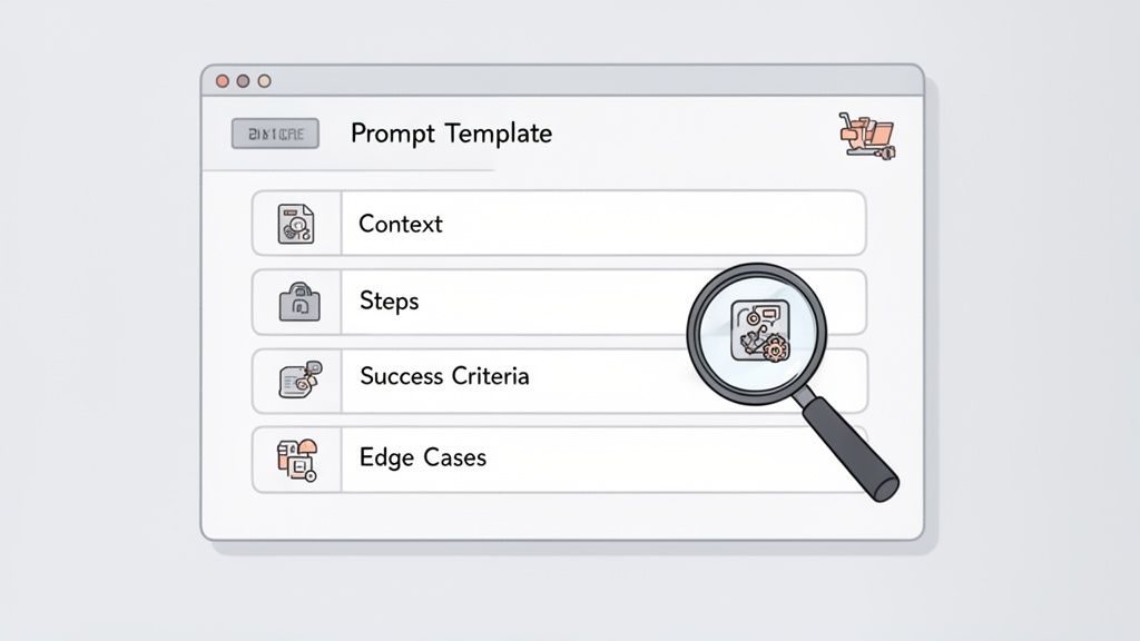 A 'Prompt Template' window with sections for Context, Steps, Success Criteria, and Edge Cases, magnified by a large lens.
