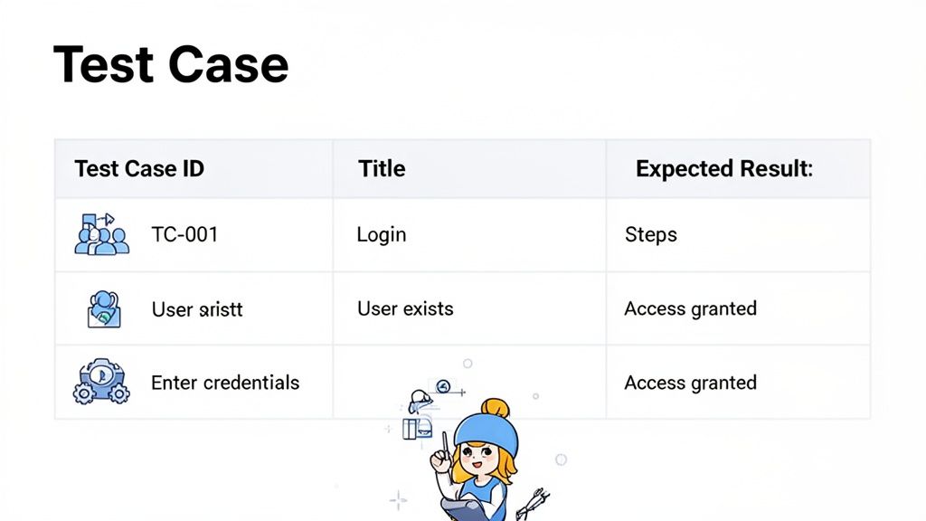 Table displaying test case details including IDs, titles, and expected results for software testing.