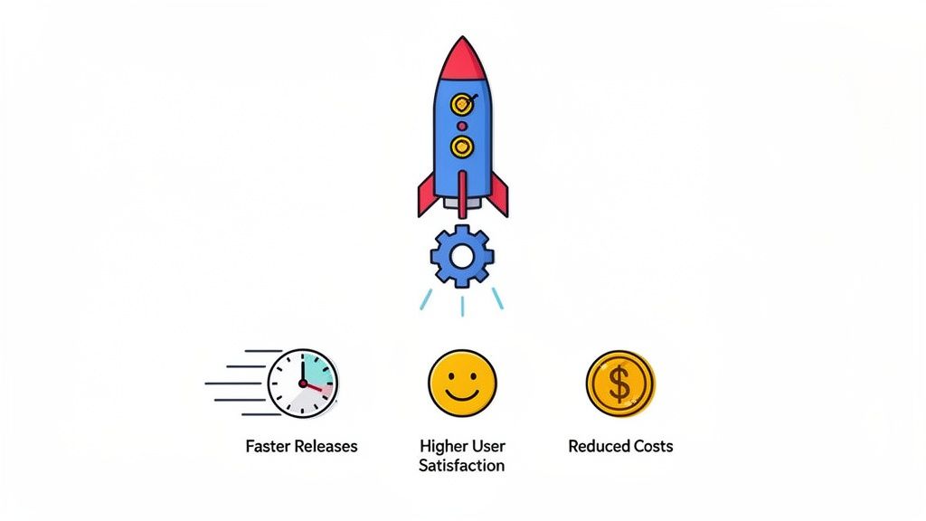 A rocket launching from a gear, illustrating the benefits of efficiency: faster releases, higher user satisfaction, and reduced costs.