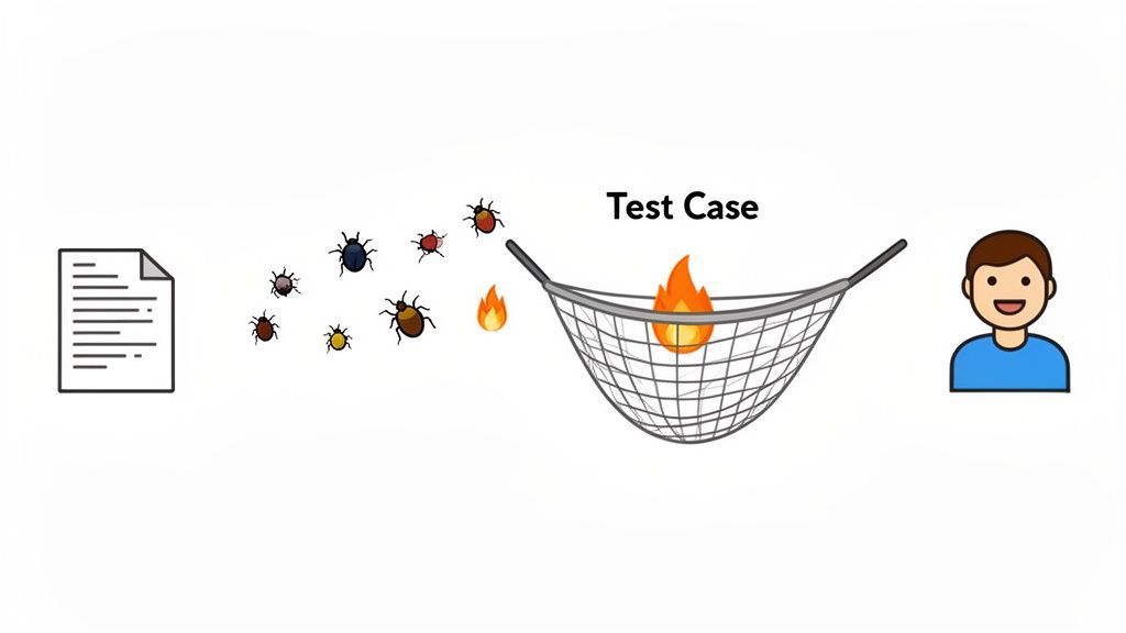 Illustration of software testing, showing bugs caught by a 'Test Case' net with fire, and a happy user.