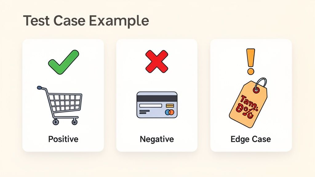 Illustration of test case examples with positive (shopping cart, check), negative (credit card, X), and edge cases (price tag, exclamation).