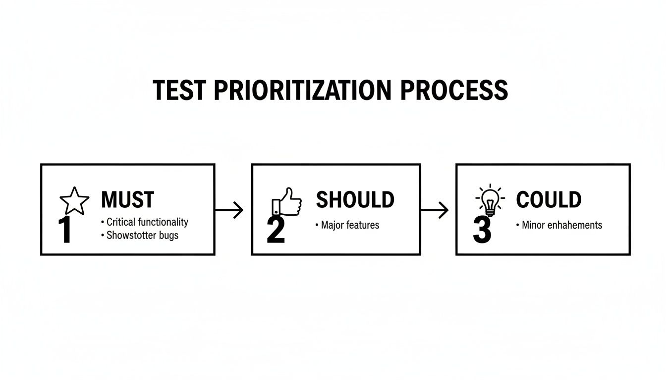 Flowchart illustrating a test prioritization process, categorizing tests into Must, Should, and Could.