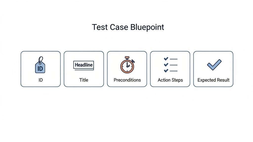 A test case blueprint diagram showing ID, title, preconditions, action steps, and expected result.