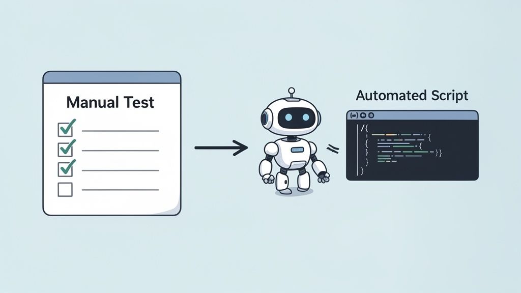 An illustration showing manual test steps being converted into an automated script by a robot.