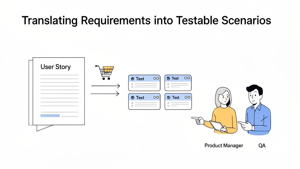 Diagram showing how user stories are translated into testable scenarios by a Product Manager and QA.