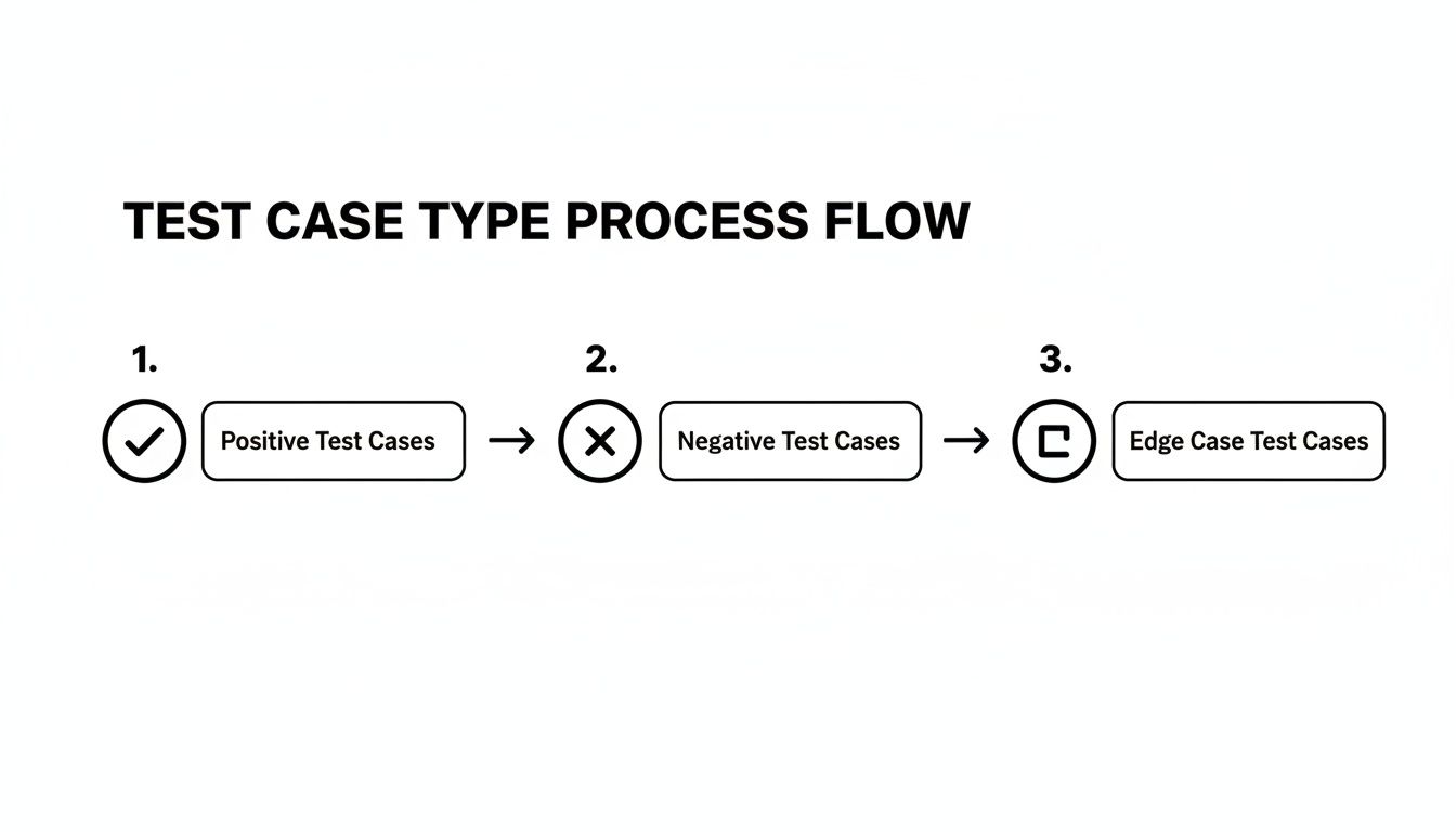 A process flow diagram illustrating the three types of test cases: positive, negative, and edge cases.