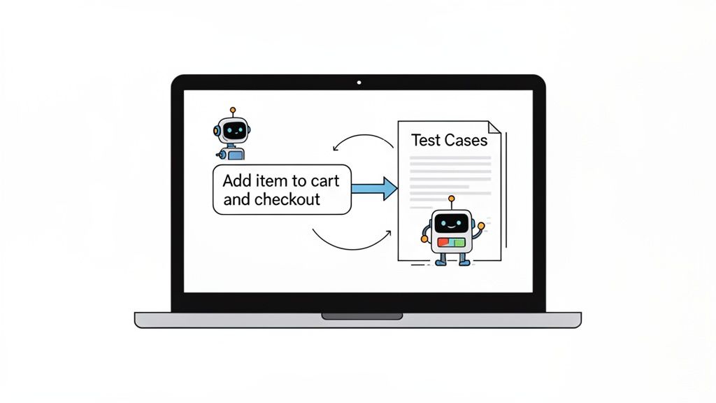 Illustration of automated test case generation and execution for 'add to cart and checkout' on a laptop.