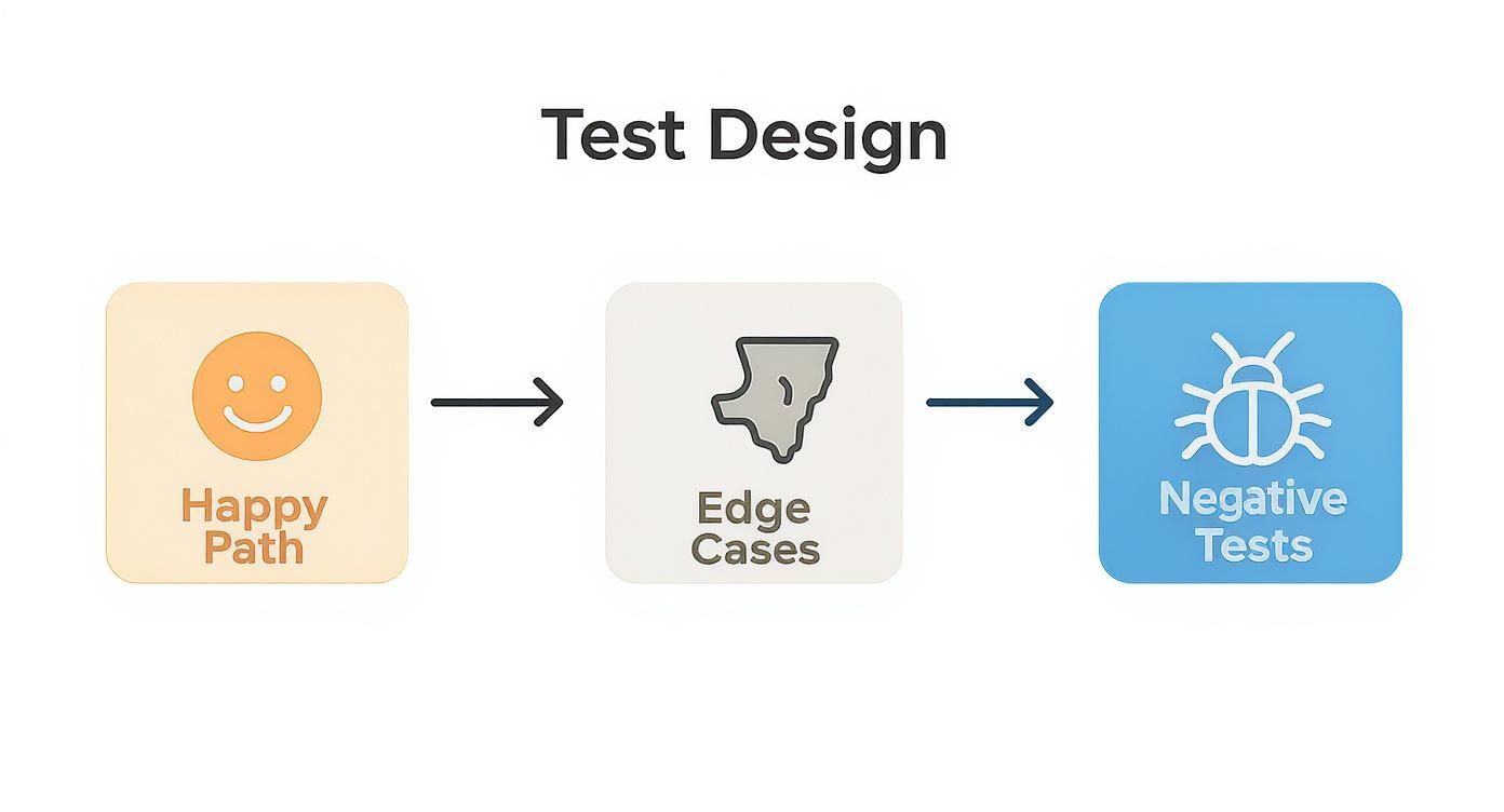 A flowchart illustrating test design steps: Happy Path, followed by Edge Cases, and then Negative Tests.