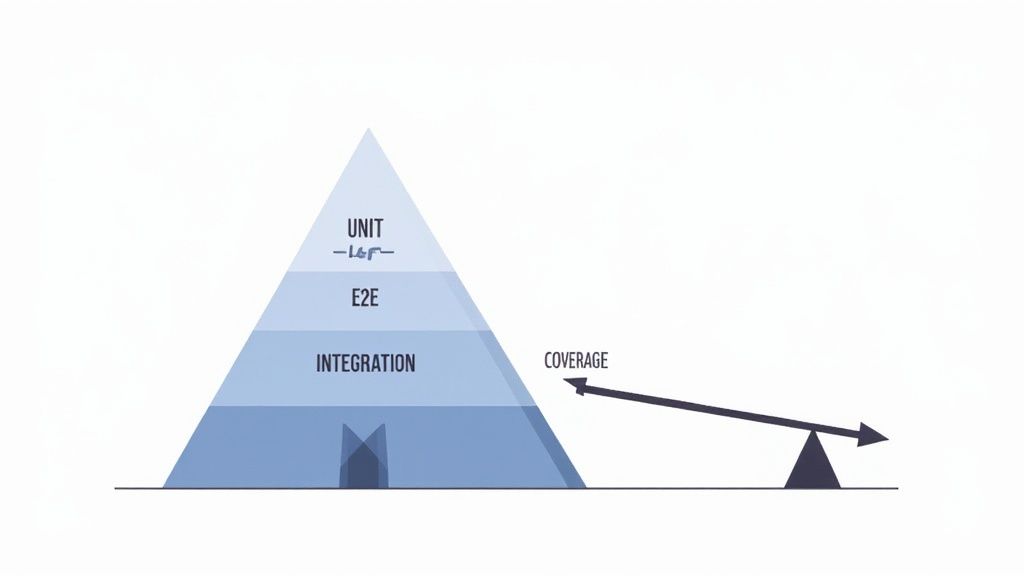 Diagram of a CI CD pipeline showing integration tests running on commit and E2E tests before deployment