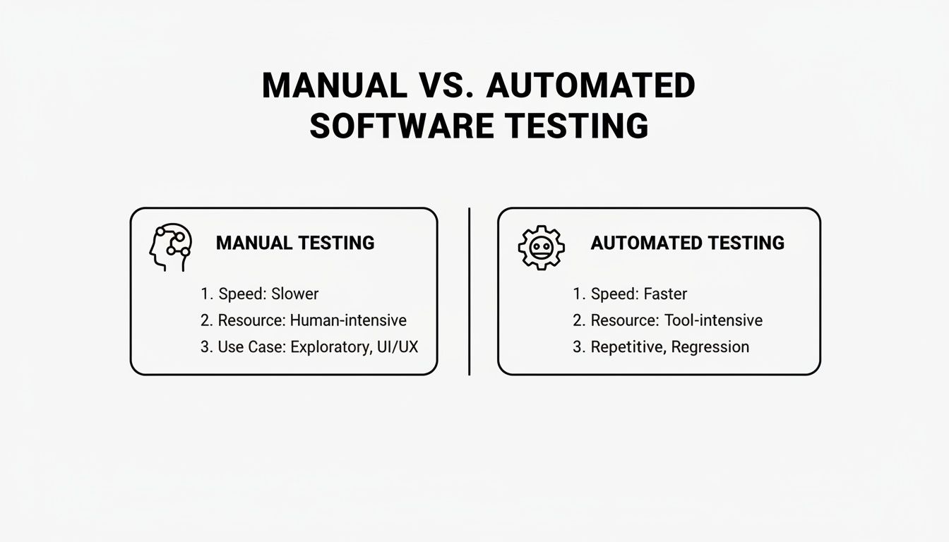 A comparison infographic detailing the differences between manual and automated software testing.