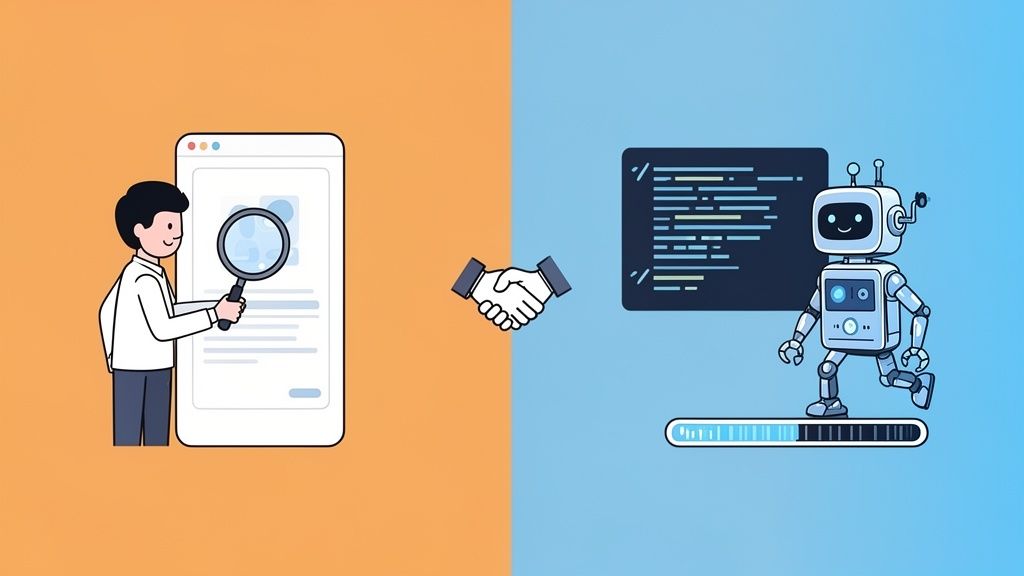 Illustration showing a human inspecting a mobile app and a robot processing code, connected by a handshake.