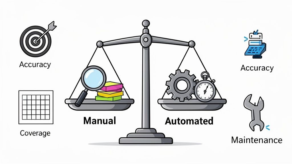 A balance scale comparing manual and automated processes, highlighting accuracy, coverage, and maintenance aspects.