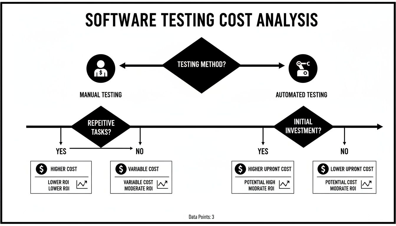 Flowchart comparing software testing costs: manual (repetitive tasks) vs. automated (initial investment) with ROI analysis.