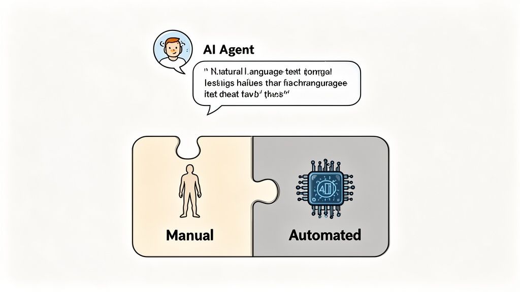 An AI agent cartoon explains a concept, illustrated by two interlocking puzzle pieces: 'Manual' with a human figure and 'Automated' with a computer chip.