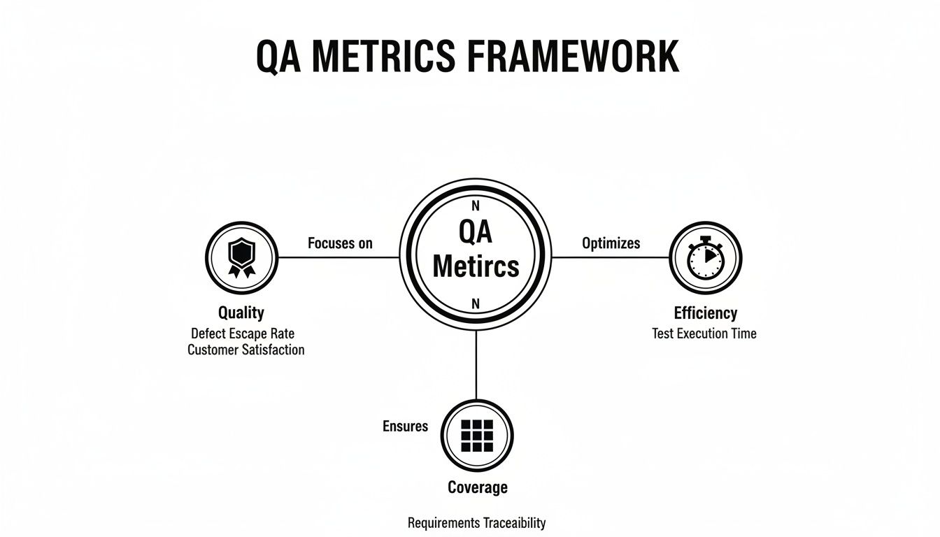 A diagram illustrating a QA Metrics Framework, highlighting Quality, Efficiency, and Coverage, with associated metrics.