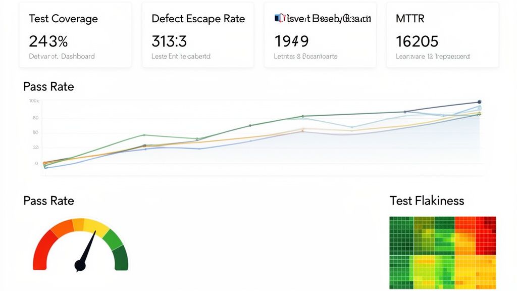 A software quality assurance dashboard displaying test coverage, defect escape rate, pass rate charts, and test flakiness heatmap.