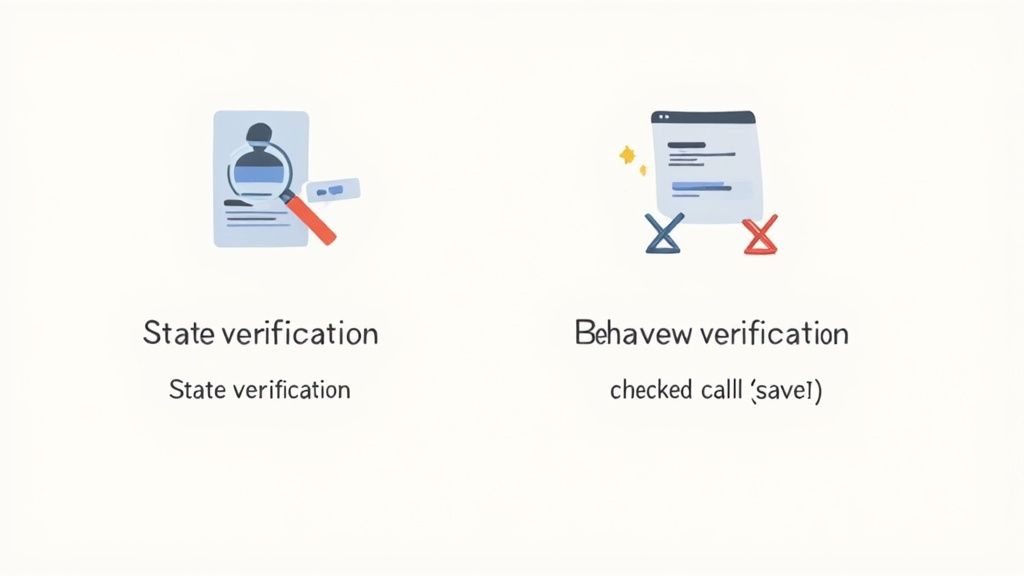 Icons depicting state verification with a profile check and behavior verification with document actions.