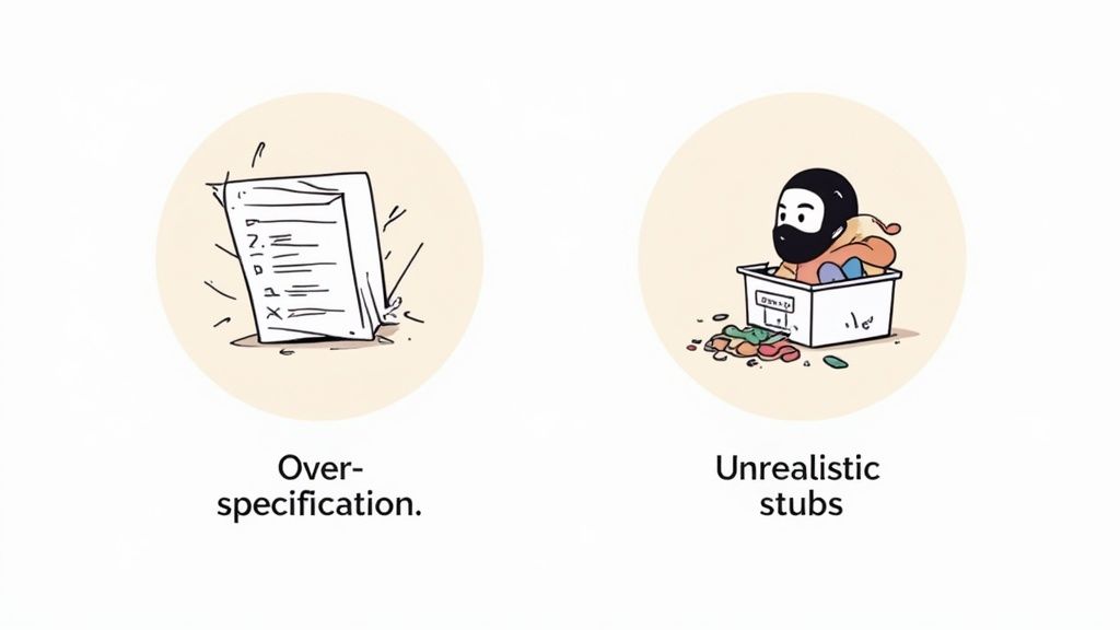 Two illustrations: one showing over-specification with an overflowing checklist, and another depicting unrealistic stubs with a figure in a donation box.